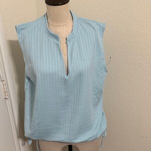Women's Light Blue Sleeveless Split-Neck Tank with Drawstring Hem